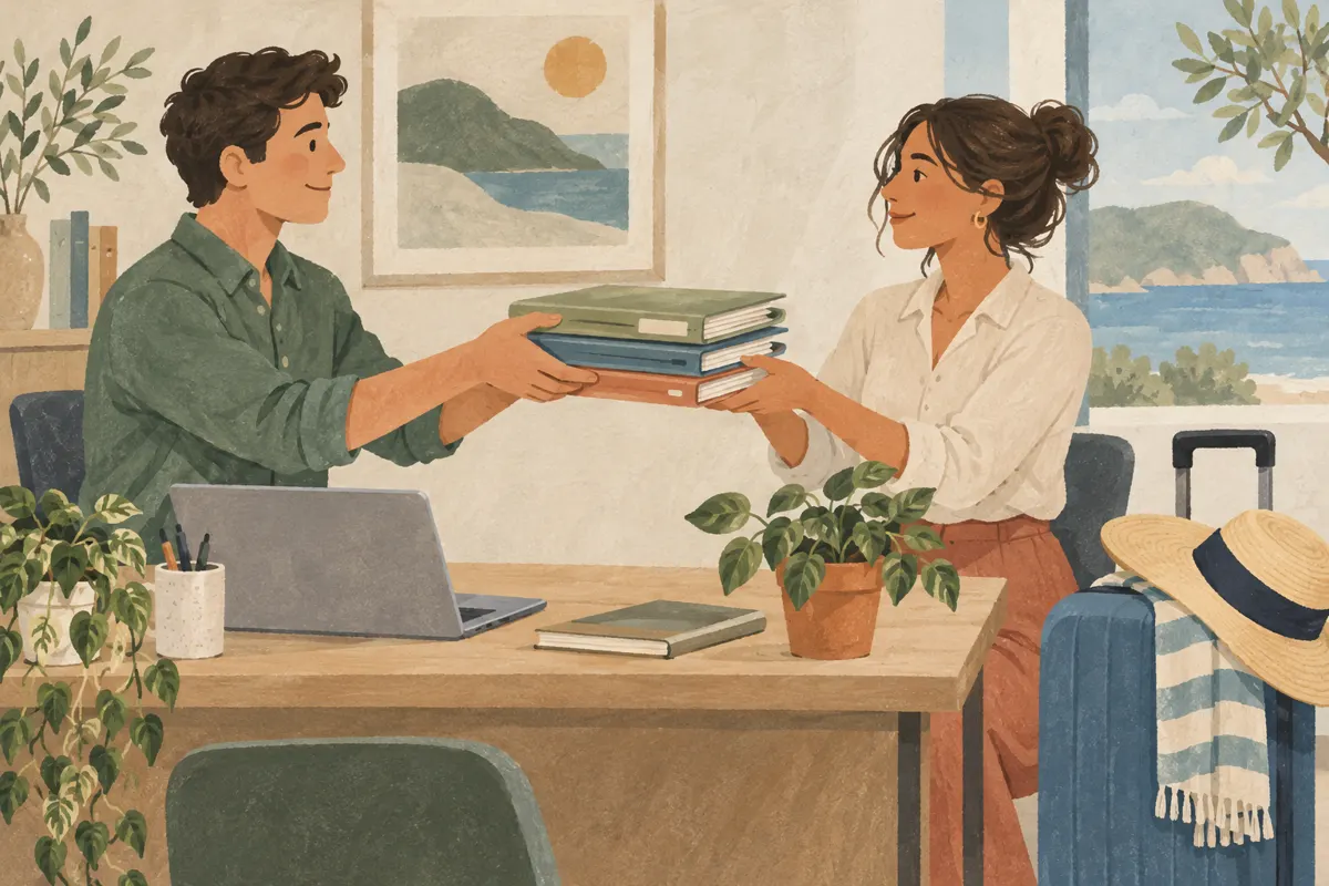 Ilustracja współpracowników przekazujących zadania przed urlopem